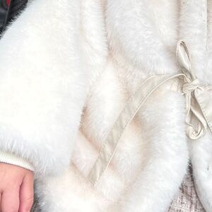 Plush Ivory Faux Fur Coat with Tie Closure